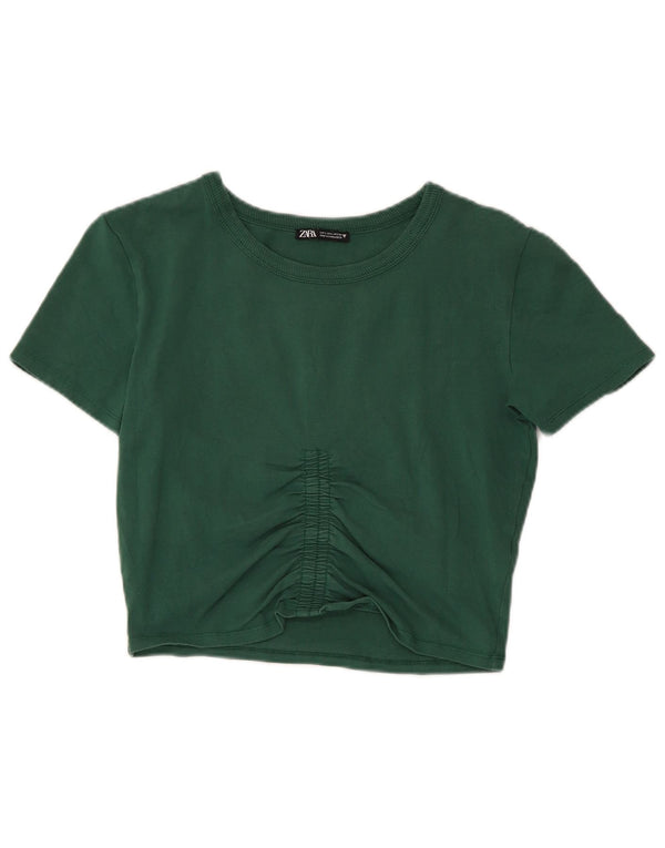 Damski krótki t-shirt Zara UK 14, duży, zielony, bawełniany