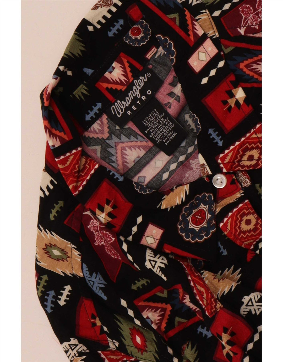 Damska bluzka w stylu retro Wrangler UK 14, średni czarny geometryczny sztuczny jedwab