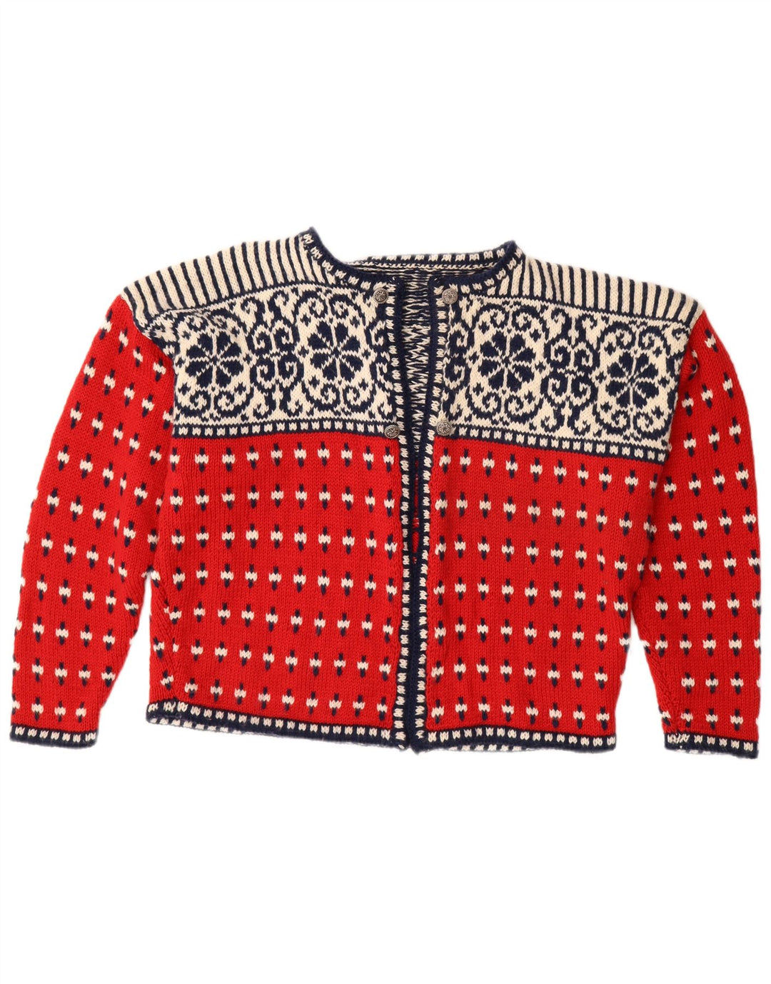 Sweter damski VINTAGE z otwartym kardiganem UK 18 XL Czerwony Fair Isle
