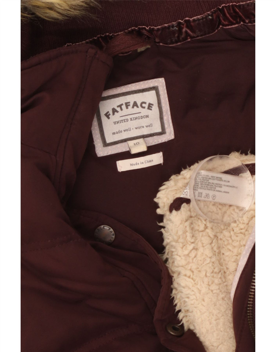 Damska wyściełana kamizelka z kapturem Fat Face UK 10, mała, bordowa, poliester