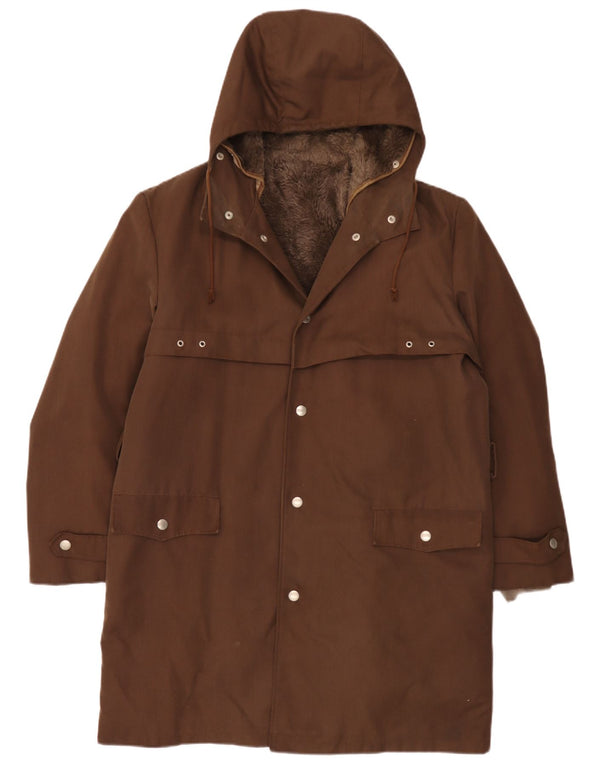 Vintage męska kurtka Sherpa Parka z kapturem UK 40, duża, brązowa, poliakrylowa