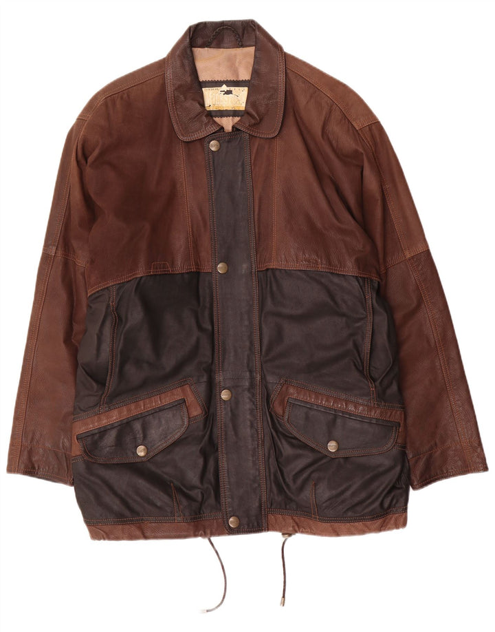 Męska kurtka skórzana Milestone UK 48 4XL Brązowa skóra z blokami kolorów