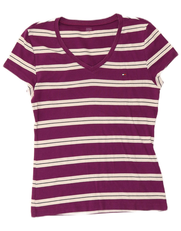 T-shirt damski Tommy Hilfiger Top UK 14, duży, bawełniany w fioletowe paski