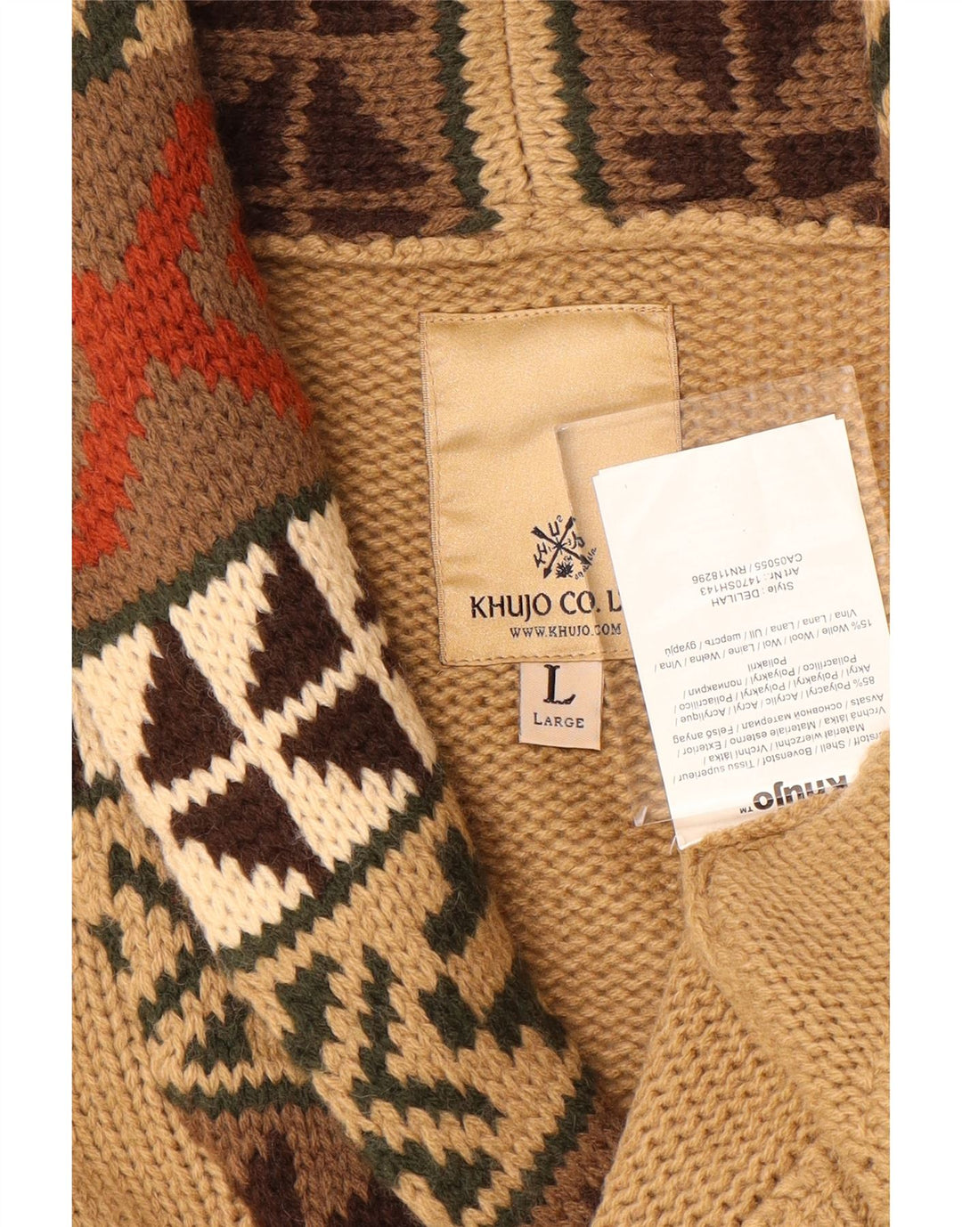 Sweter damski KHUJO UK 16, duży, beżowy, geometryczny akryl