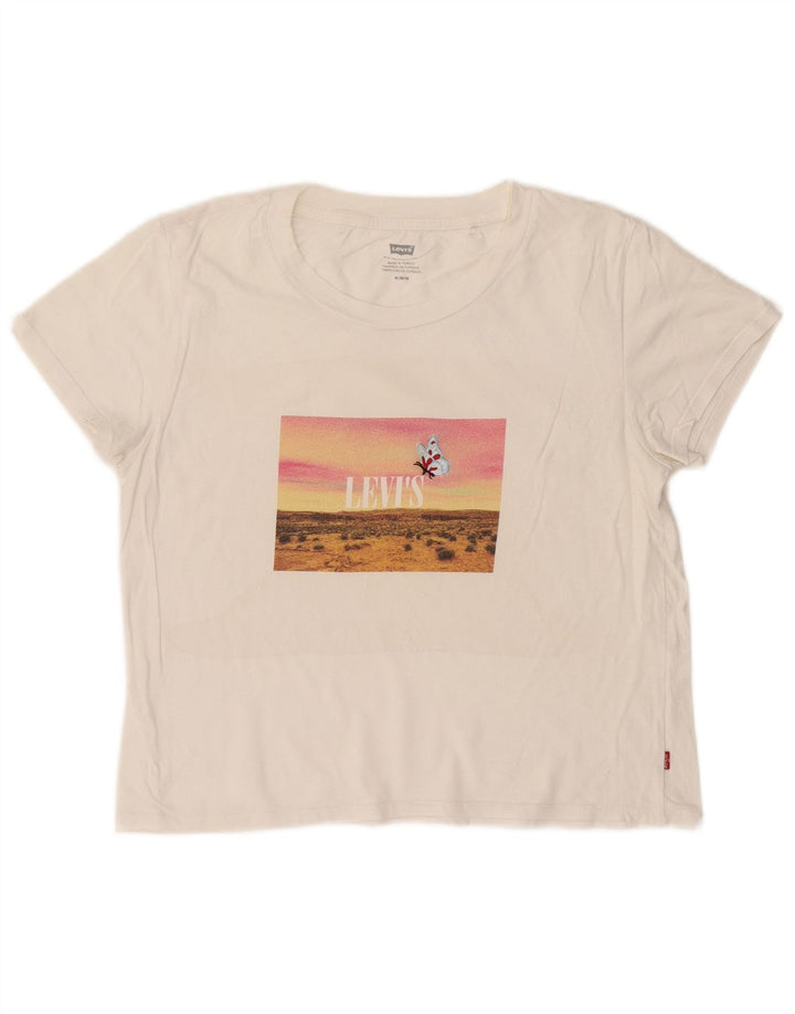 LEVI'S Womens Crop Graphic T-Shirt Top UK 12 Medium Off White