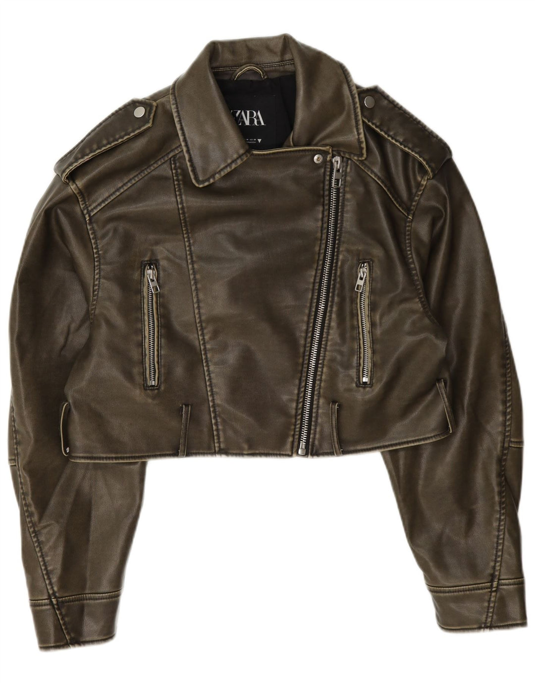 Damska kurtka motocyklowa Zara ze sztucznej skóry, UK 14, średni khaki, poliester