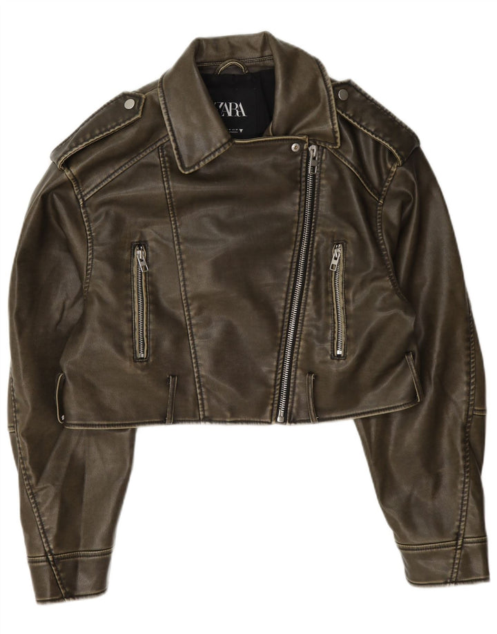 Damska kurtka motocyklowa Zara ze sztucznej skóry, UK 14, średni khaki, poliester