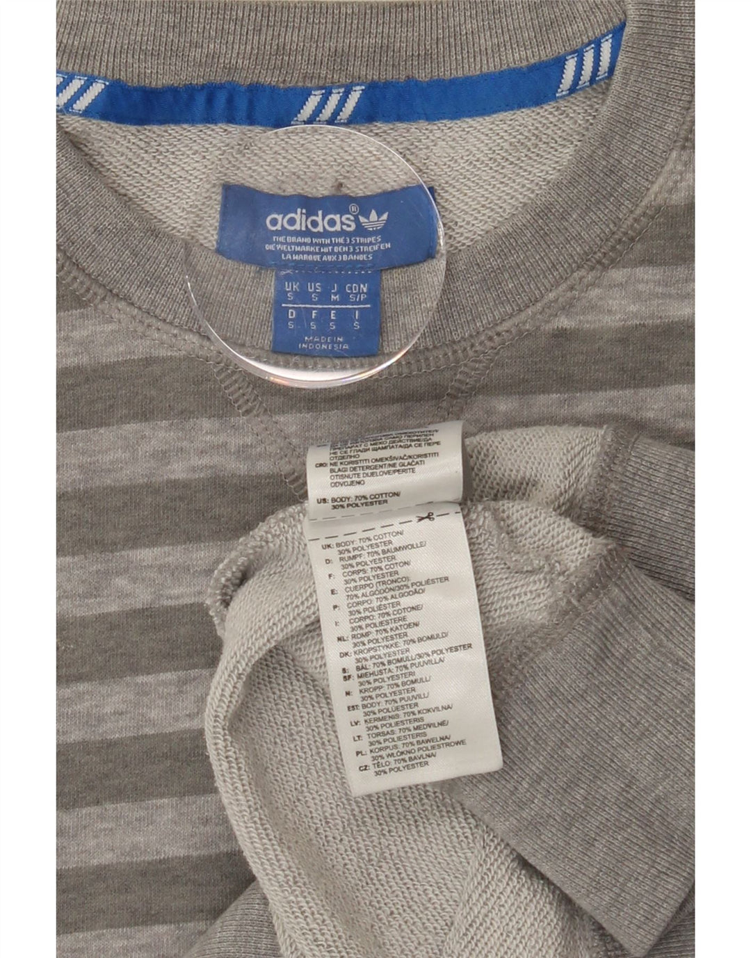 ADIDAS Mens Sweatshirt Jumper Small Grey Striped Cotton Vintage Adidas and Second-Hand Adidas from Messina Hembry 