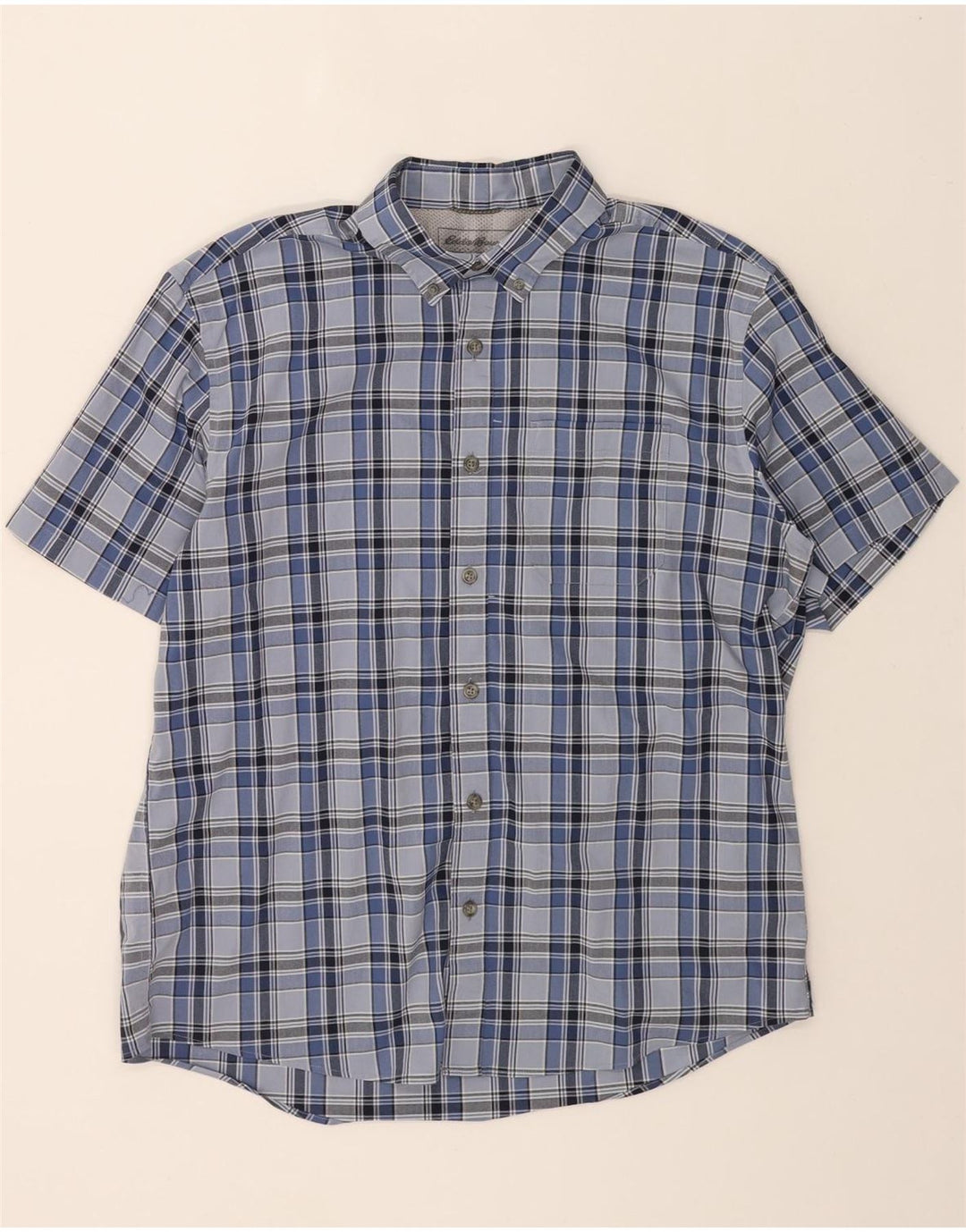 EDDIE BAUER Mens Classic Fit Short Sleeve Shirt Large Blue Check Cotton Vintage Eddie Bauer and Second-Hand Eddie Bauer from Messina Hembry 