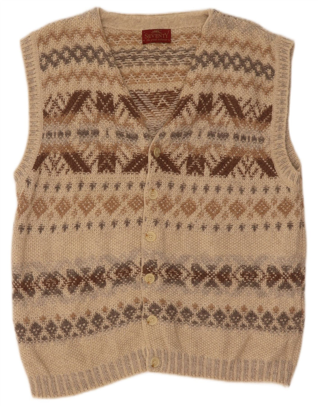 Sweter męski bez rękawów Seventy, duży, beżowy, geometryczny, wełniany