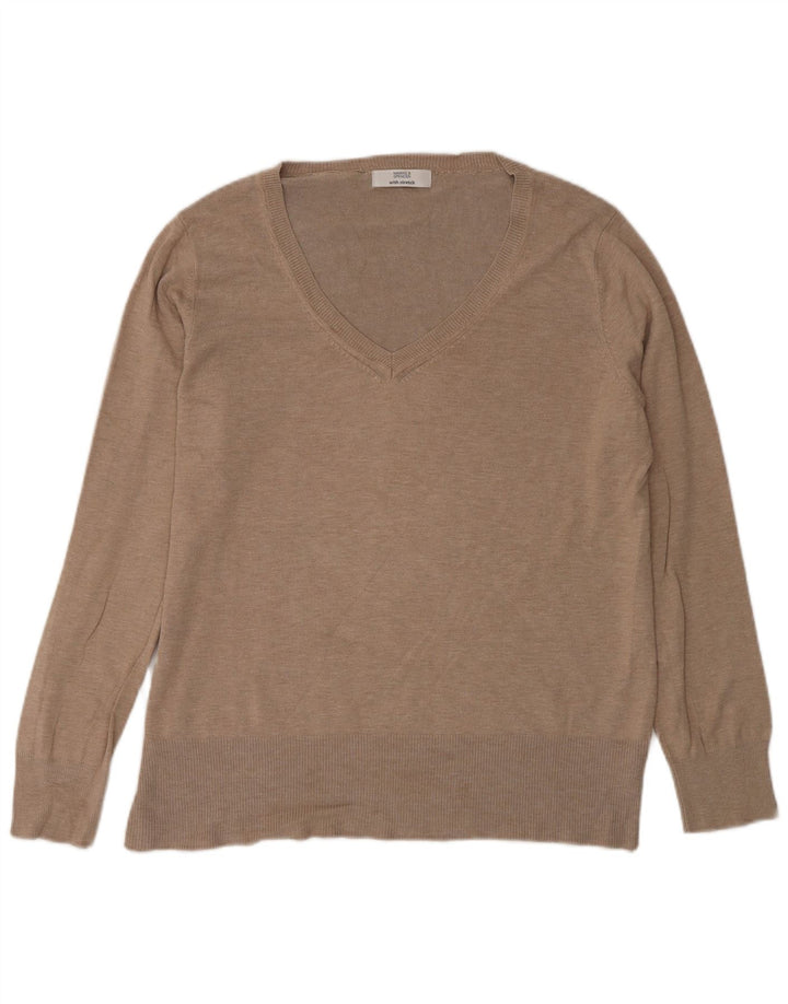 Sweter damski Marks & Spencer z dekoltem w kształcie litery V, UK 14, duży, beżowy, wiskoza