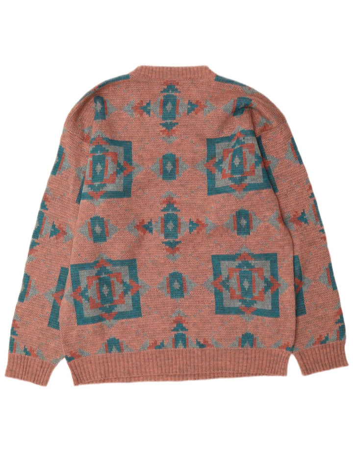Vintage męski sweter z wycięciem pod szyją, duży, różowy, geometryczny