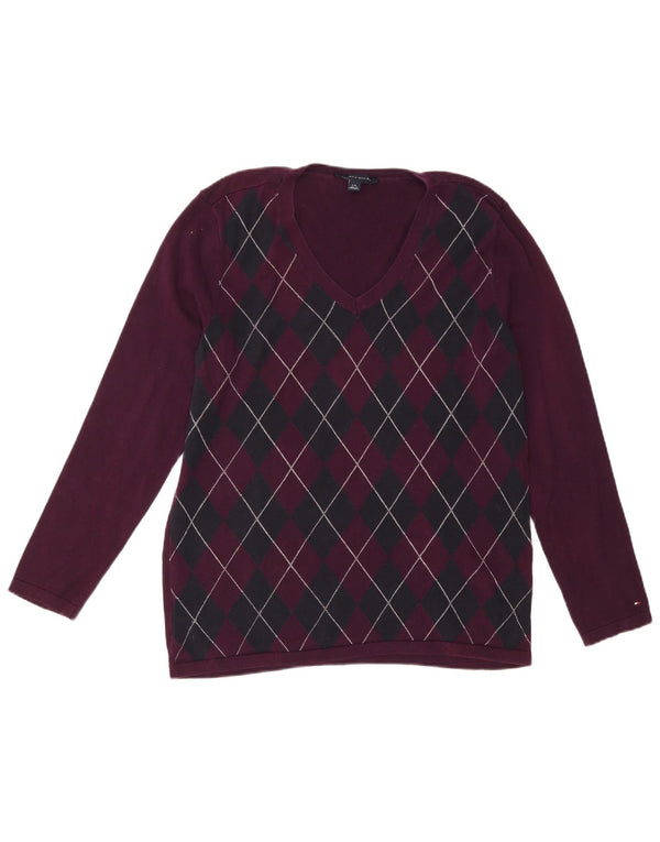 Damski sweter TOMMY HILFIGER z dekoltem w kształcie litery V, UK 16, duży, bordowy