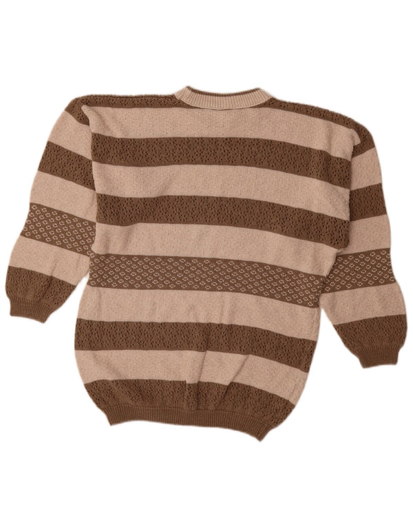 Vintage Womens Oversized Crew Neck Jumper Sweater UK 10 Small Brown Striped