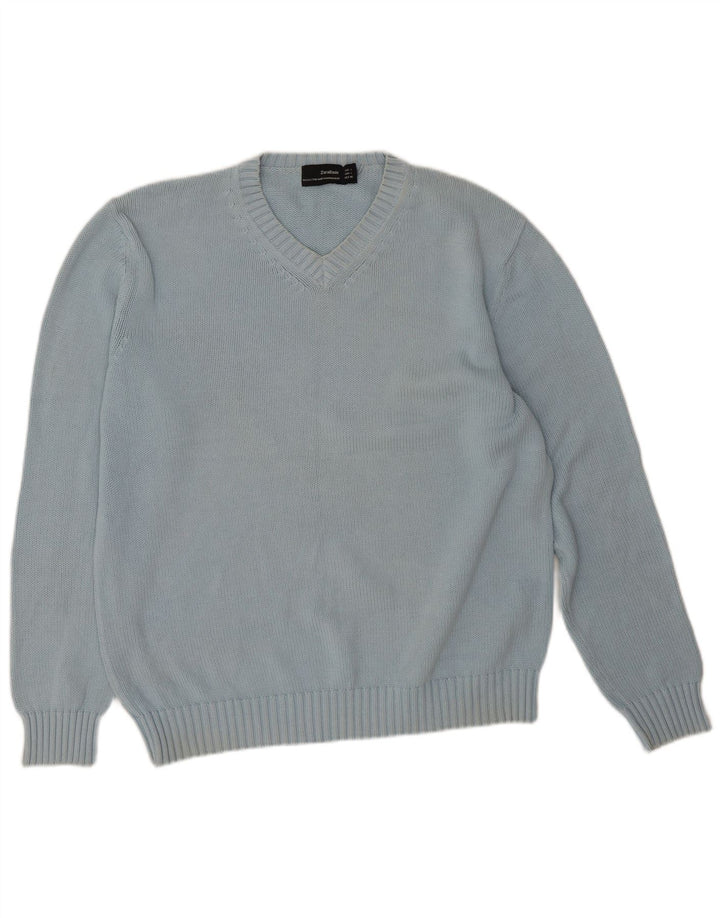Męski sweter Zara z dekoltem w kształcie litery V, duży, niebieski, bawełniany