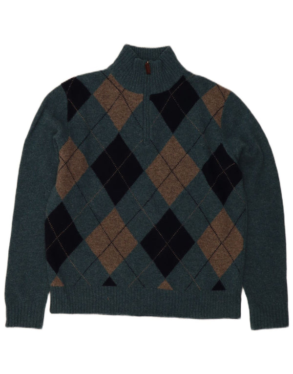 J. Crew Męski sweter z zamkiem błyskawicznym, średnioniebieski Argyle/Diamentowa wełna owcza