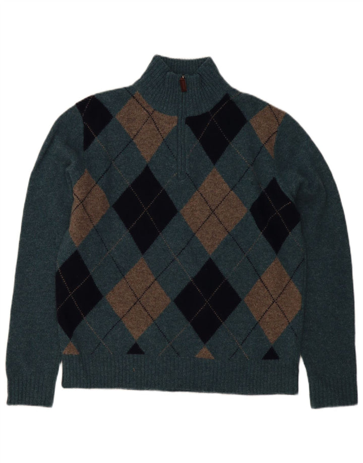 J. Crew Męski sweter z zamkiem błyskawicznym, średnioniebieski Argyle/Diamentowa wełna owcza