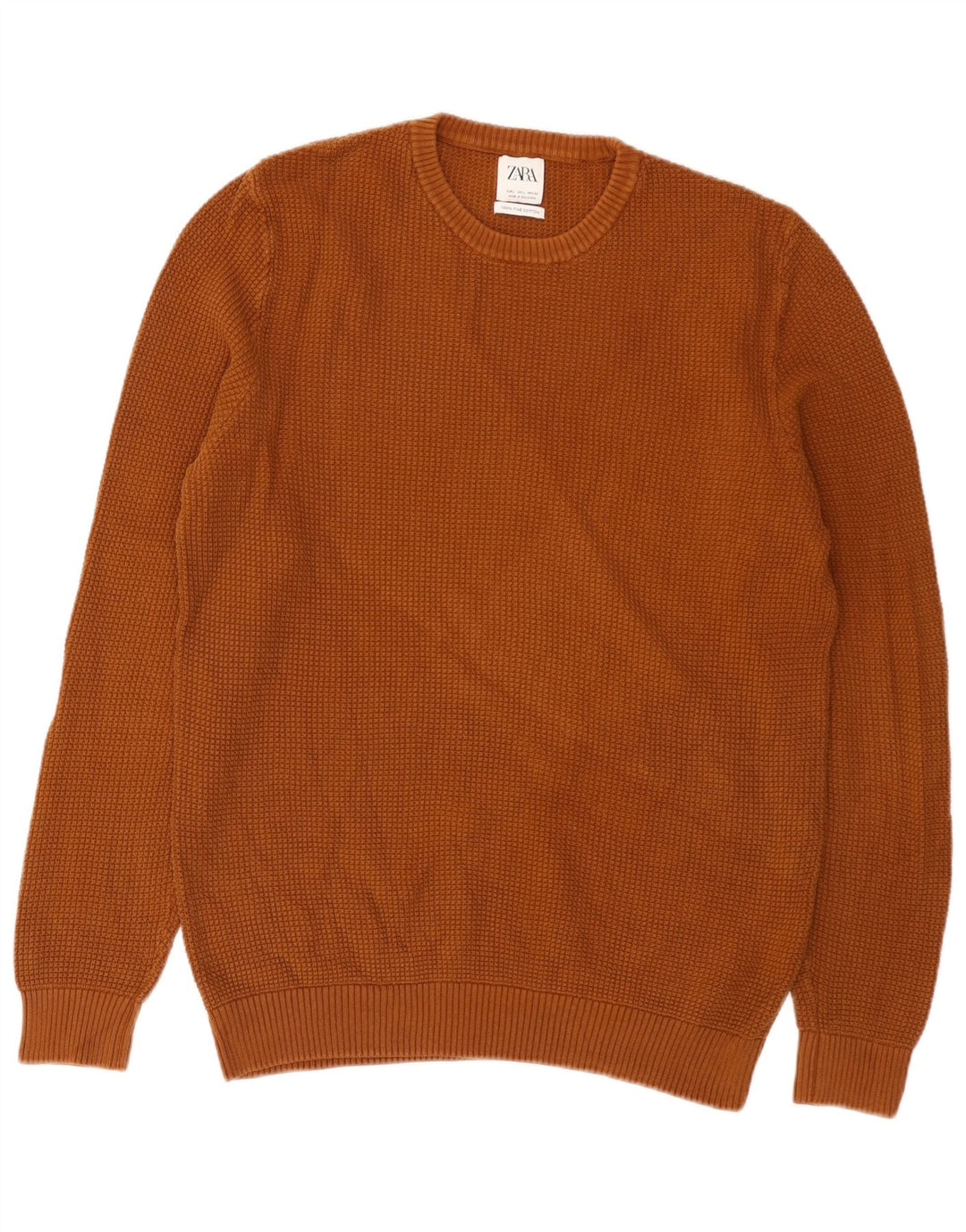 Męski sweter Zara z okrągłym dekoltem, duży, brązowy, bawełniany