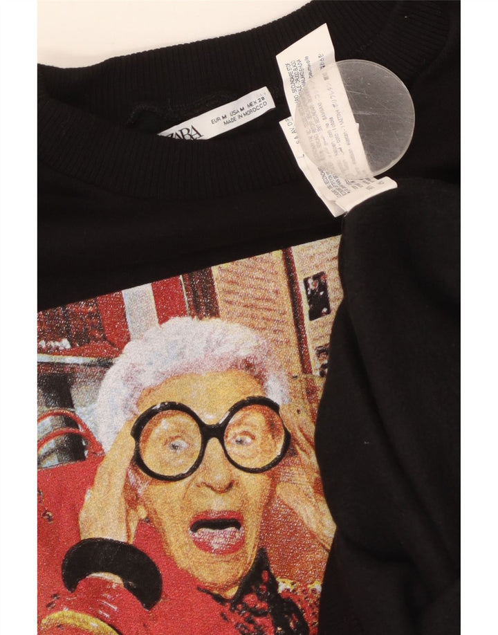 Damski sweter z grafiką ZARA UK 14, średni czarny, bawełniany