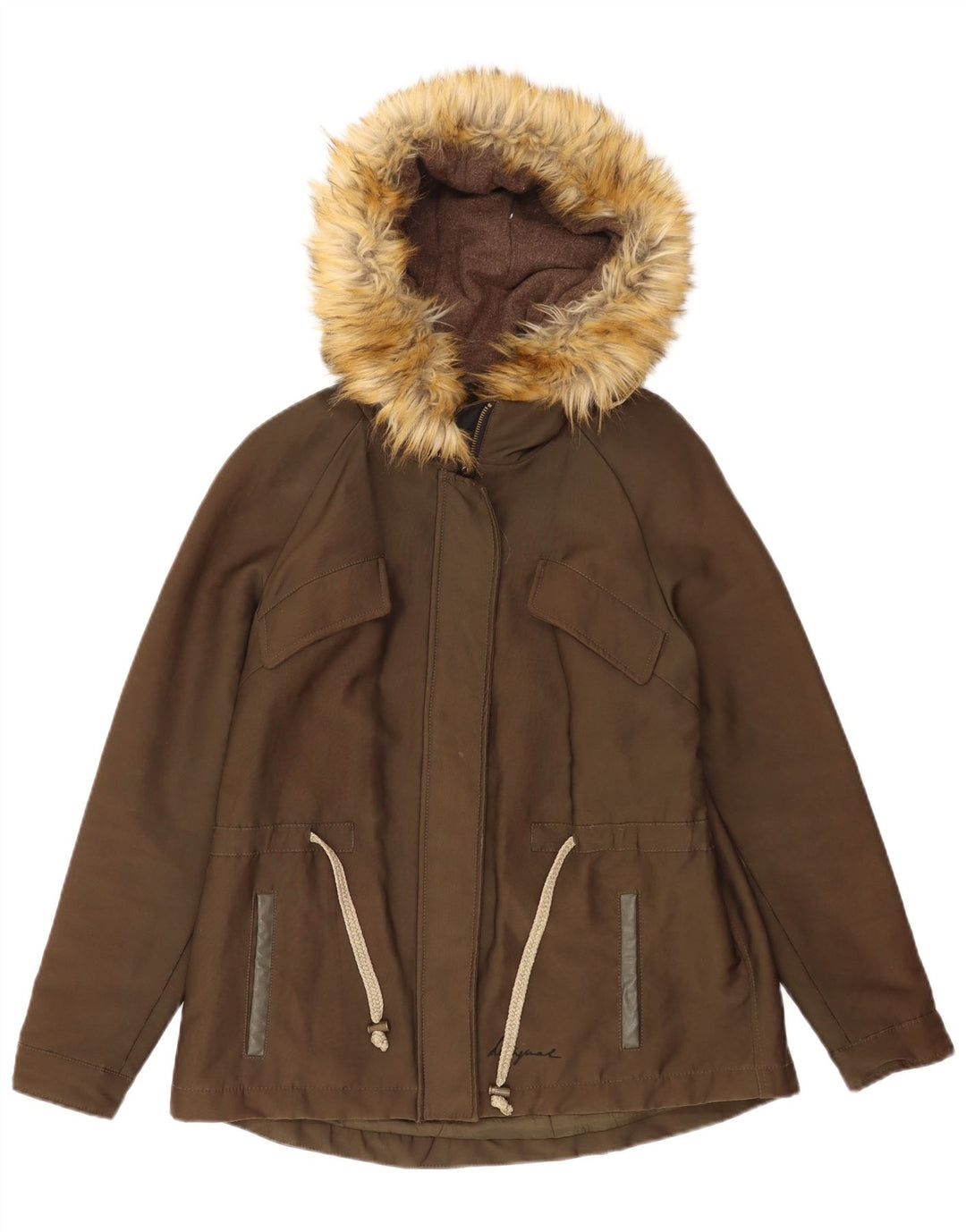 Damska kurtka parka z kapturem i grafiką Desigual EU 38, średnia bawełna khaki