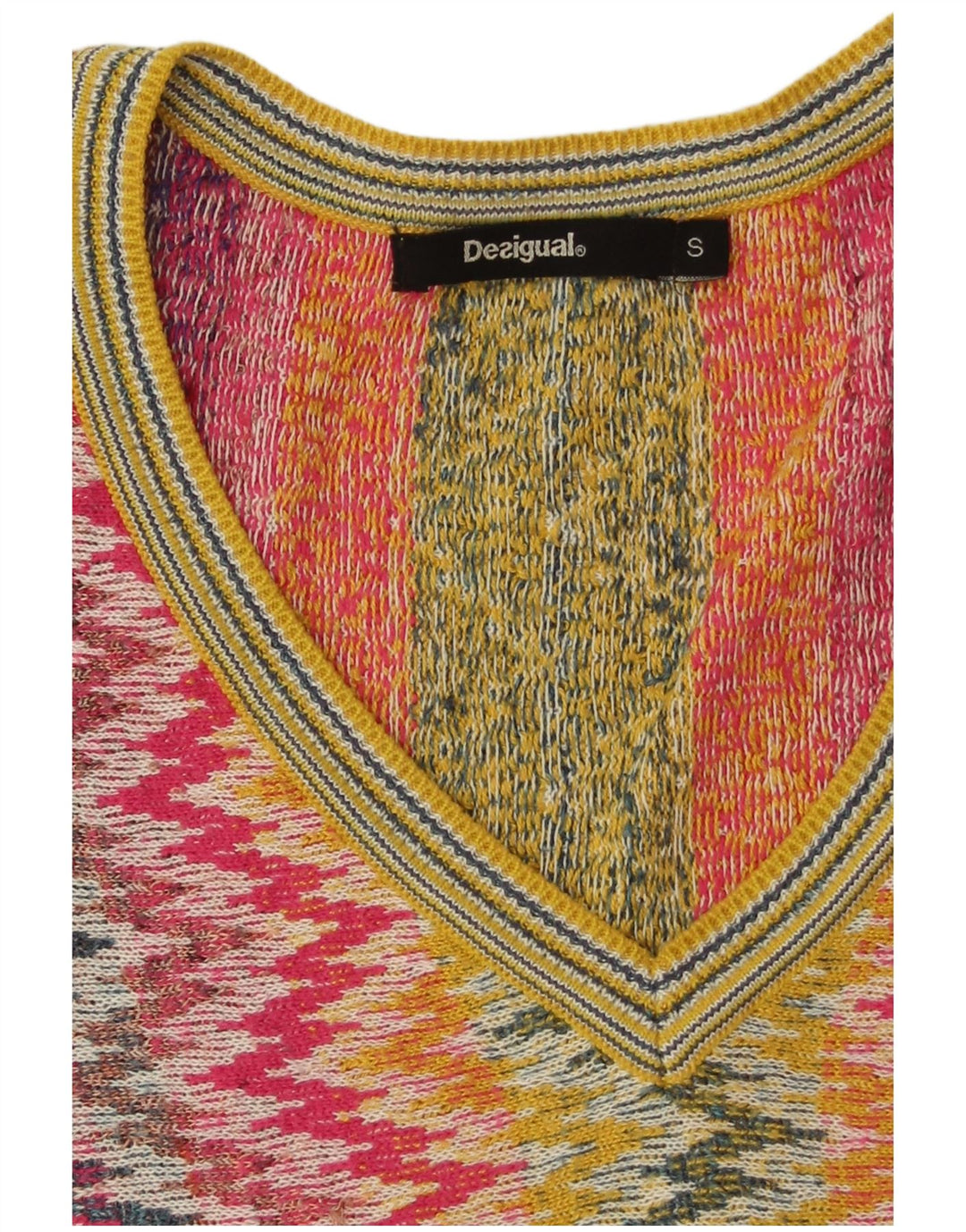 Damski sweter DESIGUAL z dekoltem w kształcie litery V, UK 10, mały, wielokolorowy jodełka