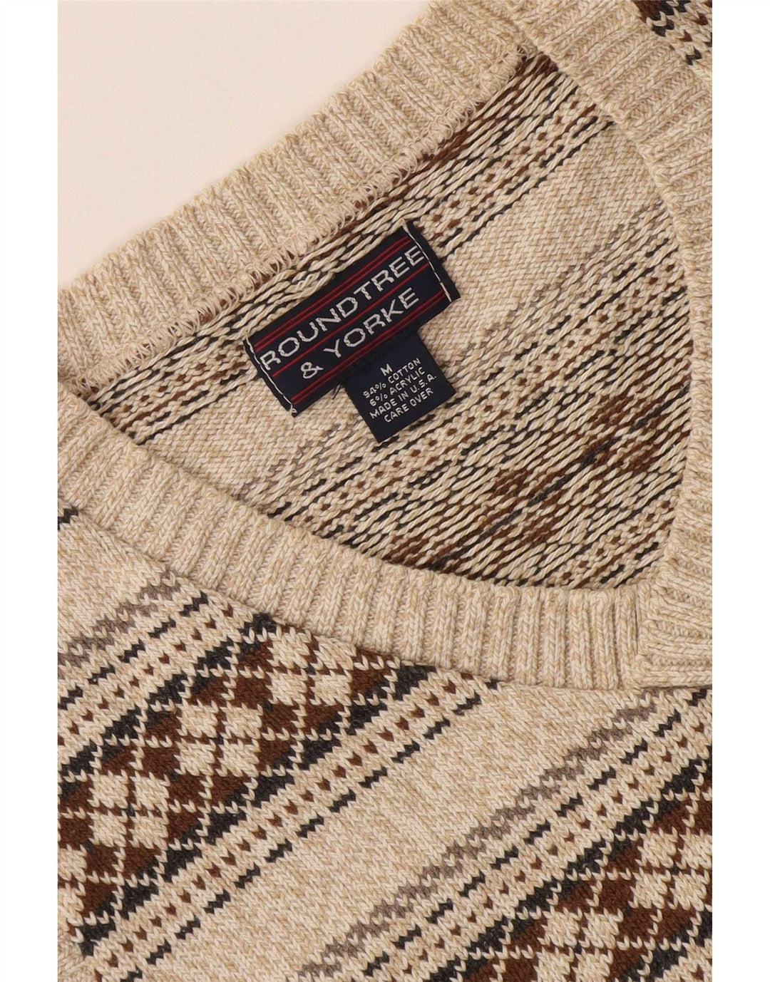 Sweter męski Roundtree & Yorke z dekoltem w szpic, średnio beżowy, geometryczny, bawełniany