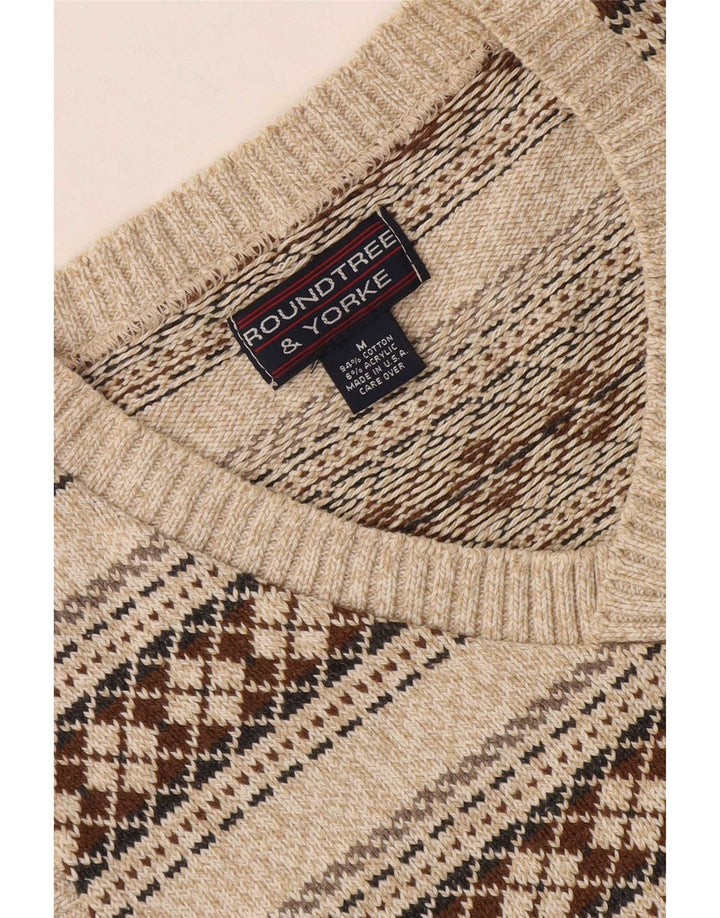 Sweter męski Roundtree & Yorke z dekoltem w szpic, średnio beżowy, geometryczny, bawełniany