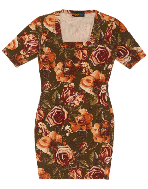 Damska obcisła sukienka w stylu vintage UK 8, mała, khaki, z bawełny w kwiaty