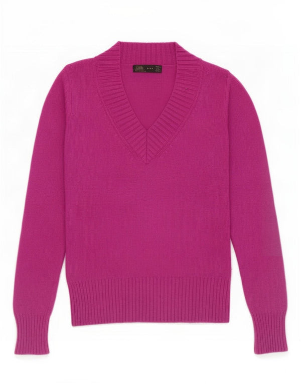 Zara Womens V-Neck Jumper Sweater UK 14 Large Pink Nylon