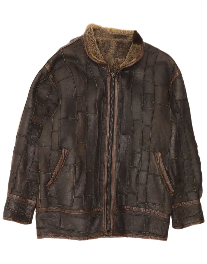 Vintage męska kurtka Shearling UK 42 XL, brązowa patchworkowa
