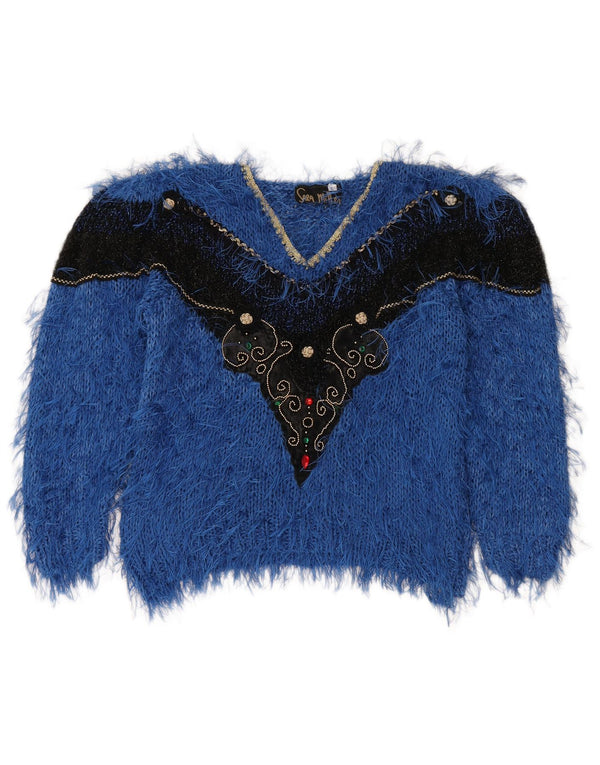 Sweter damski w stylu vintage z dekoltem w kształcie litery V, UK 16, duży, niebieski, bawełniany w bloki kolorów