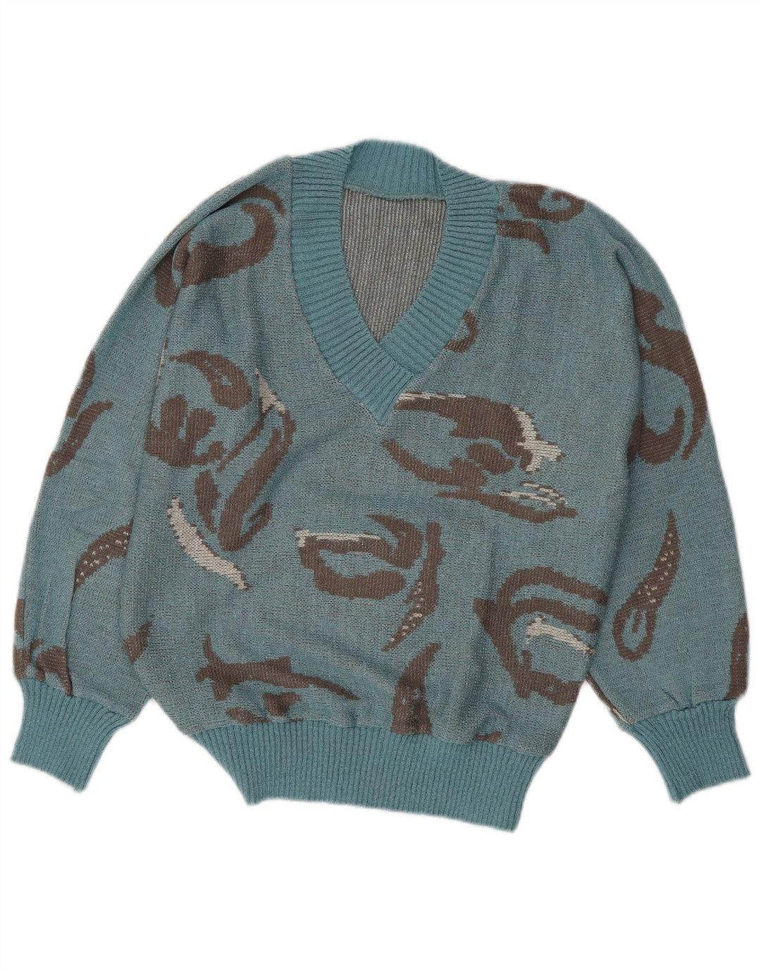 Damski sweter VINTAGE z abstrakcyjnym wzorem i dekoltem w kształcie litery V, UK 16, duży niebieski