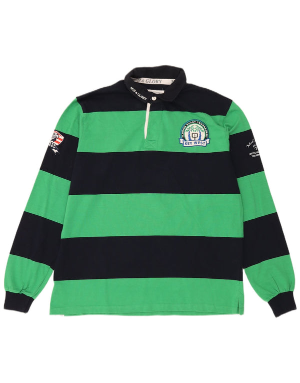 Mud & Glory Mens Graphic Long Sleeve Rugby Polo Shirt XL Green Striped