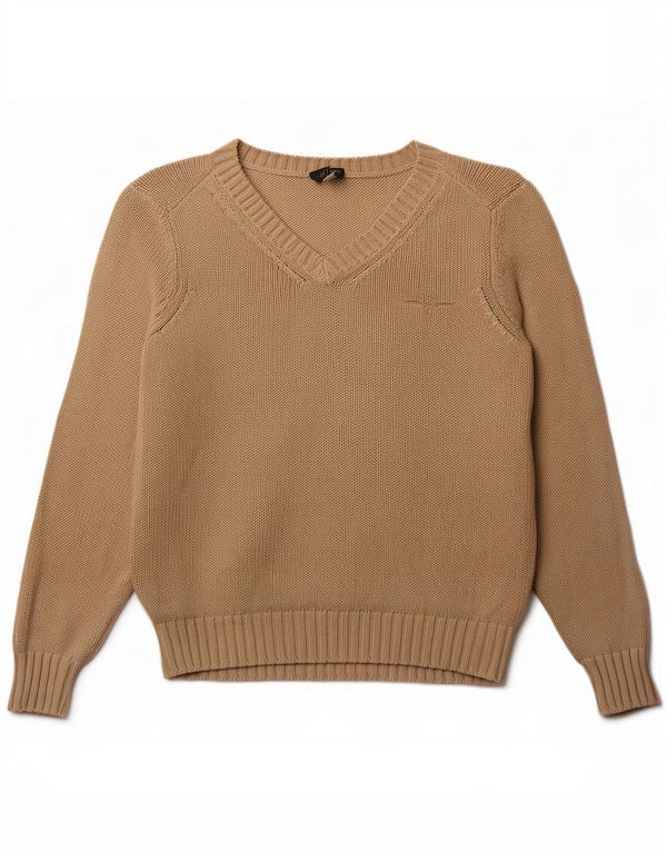 Damski sweter z dekoltem w kształcie litery V, Armani Jeans, UK 14, duży, beżowy, bawełniany