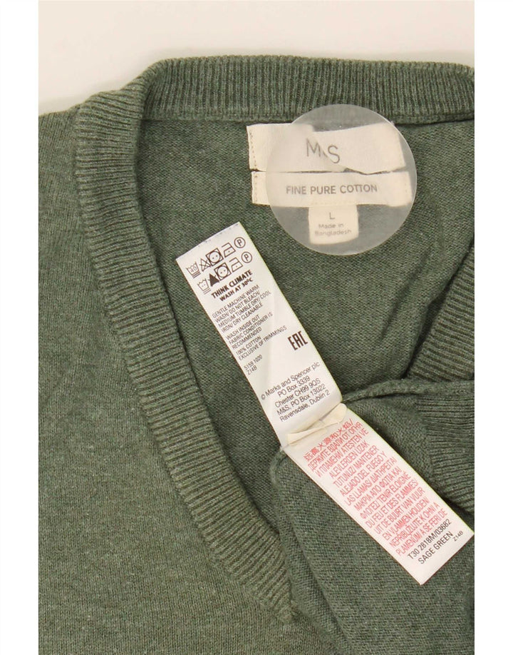 Marks & Spencer Męski sweter z dekoltem w kształcie litery V, duży, zielony, bawełniany