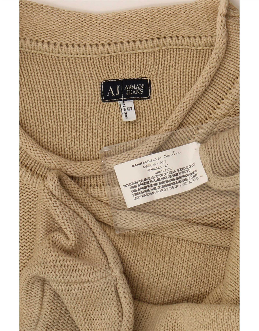 Męski sweter z okrągłym dekoltem Armani Jeans, mały, beżowy, bawełniany