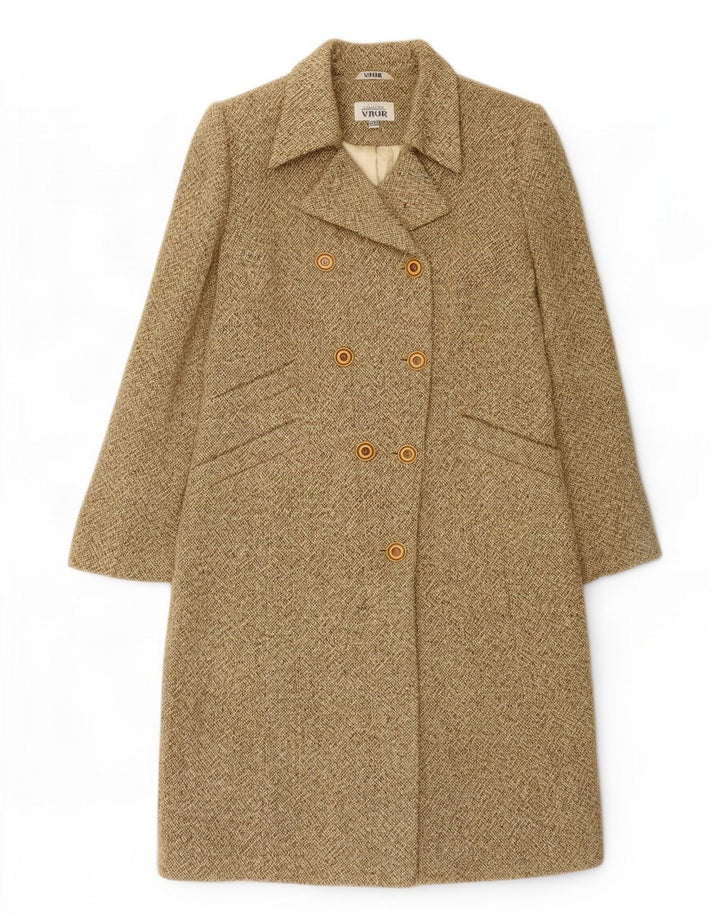 Dwurzędowy płaszcz damski w stylu vintage IT 48 XL Khaki z wełną nakrapianą