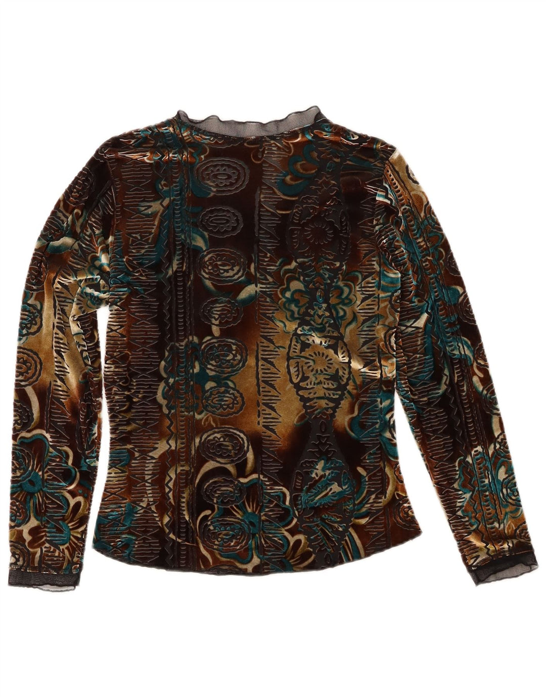 Aksamitny top damski w stylu vintage z długim rękawem, UK 6 XS, wielokolorowy w kwiaty