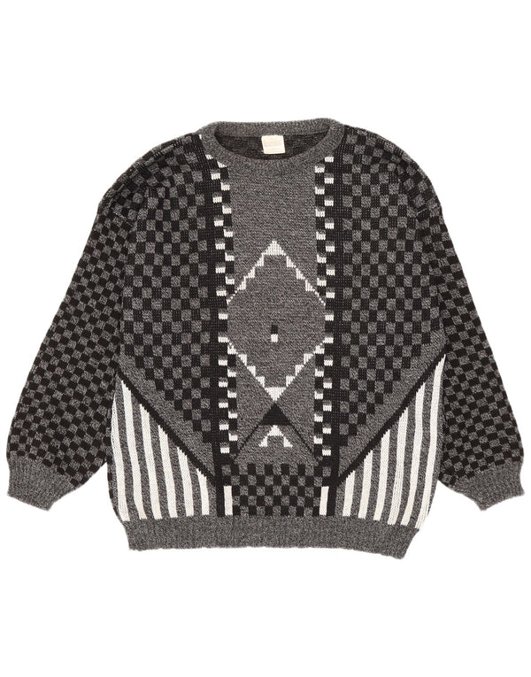 Męski sweter w stylu vintage z dekoltem w szpic, duży, szary, geometryczny akryl