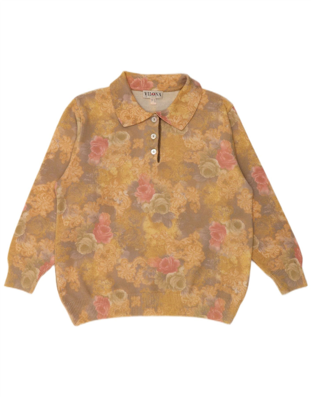 VILONA MODA Damski sweter polo UK 18 XL Żółta wełniana w kwiaty