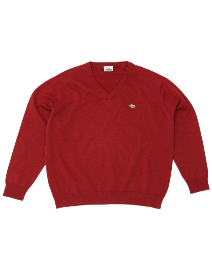 Lacoste Męski sweter z dekoltem w kształcie litery V, rozmiar 4, duży, czerwony, wełniany