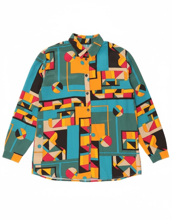 Damska bluzka koszulowa w stylu vintage UK 14, duża, wielobarwna, geometryczna