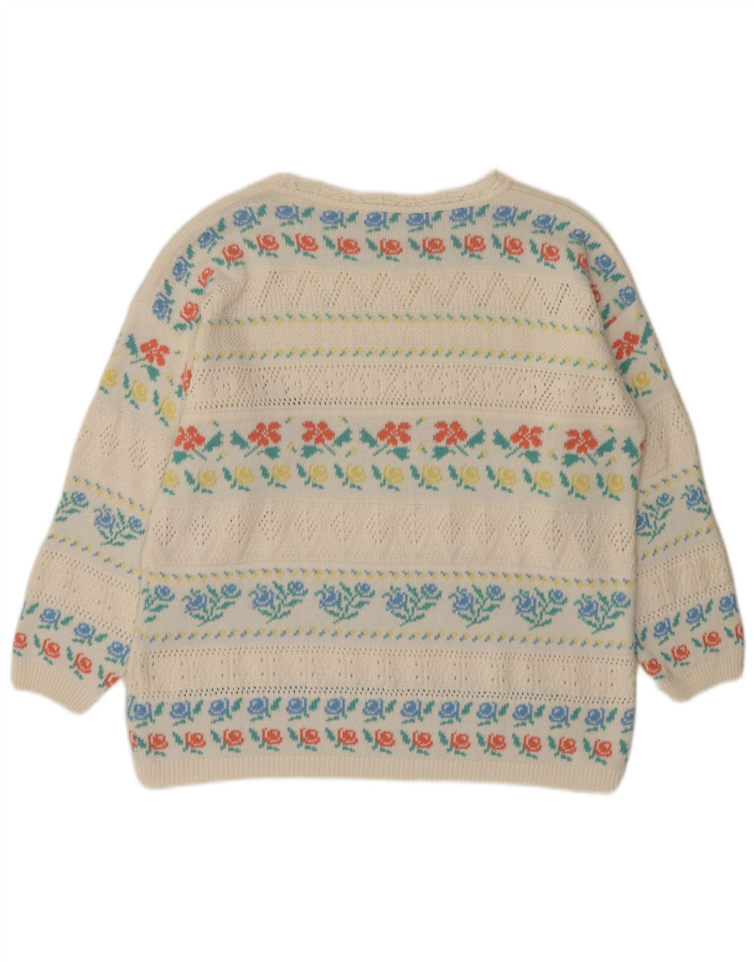 Damski sweter z dekoltem w łódkę w stylu VINTAGE IT 46, duży, biały, kwiatowy, akrylowy