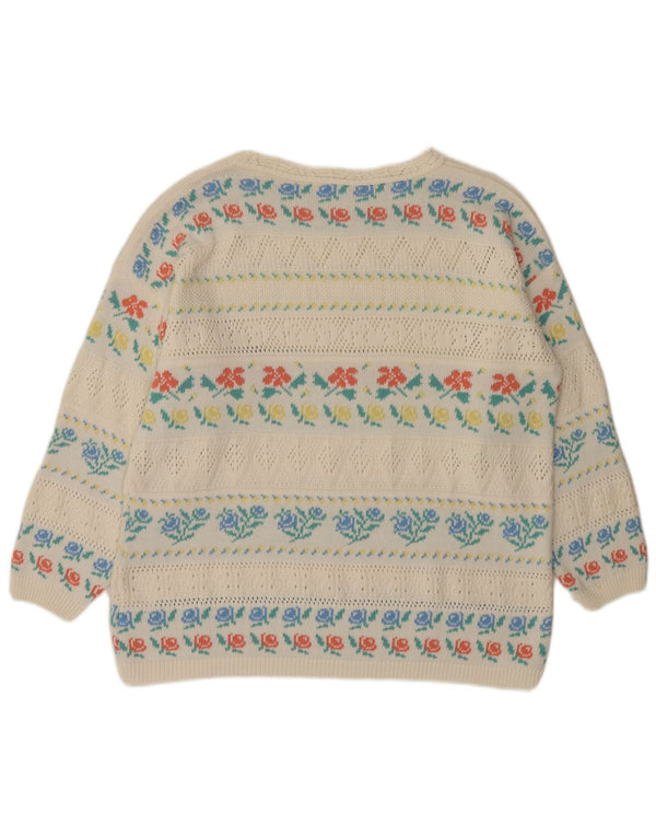 Damski sweter z dekoltem w łódkę w stylu VINTAGE IT 46, duży, biały, kwiatowy, akrylowy