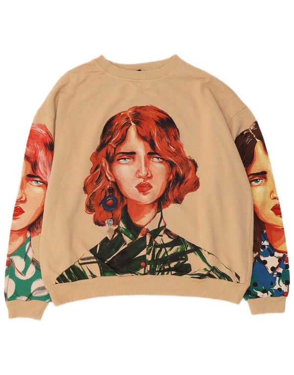 Damski sweter oversize z grafiką ZARA, UK 14, średni beż