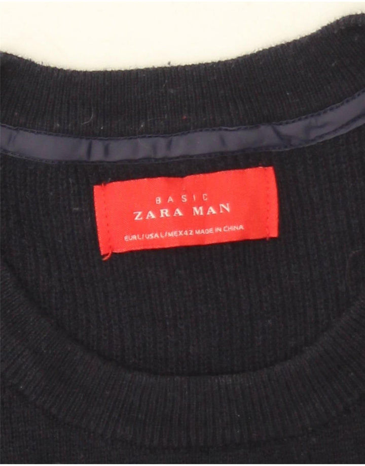 Męski sweter Zara z okrągłym dekoltem, duży, granatowy, bawełniany