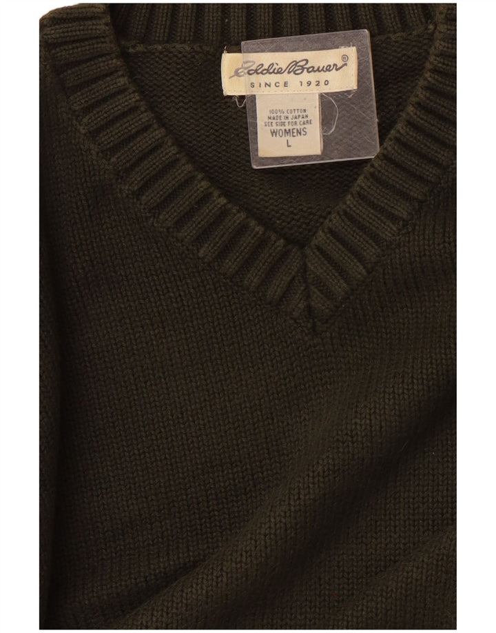 EDDIE BAUER Damski sweter z dekoltem w kształcie litery V, UK 16, duży, zielony, bawełniany
