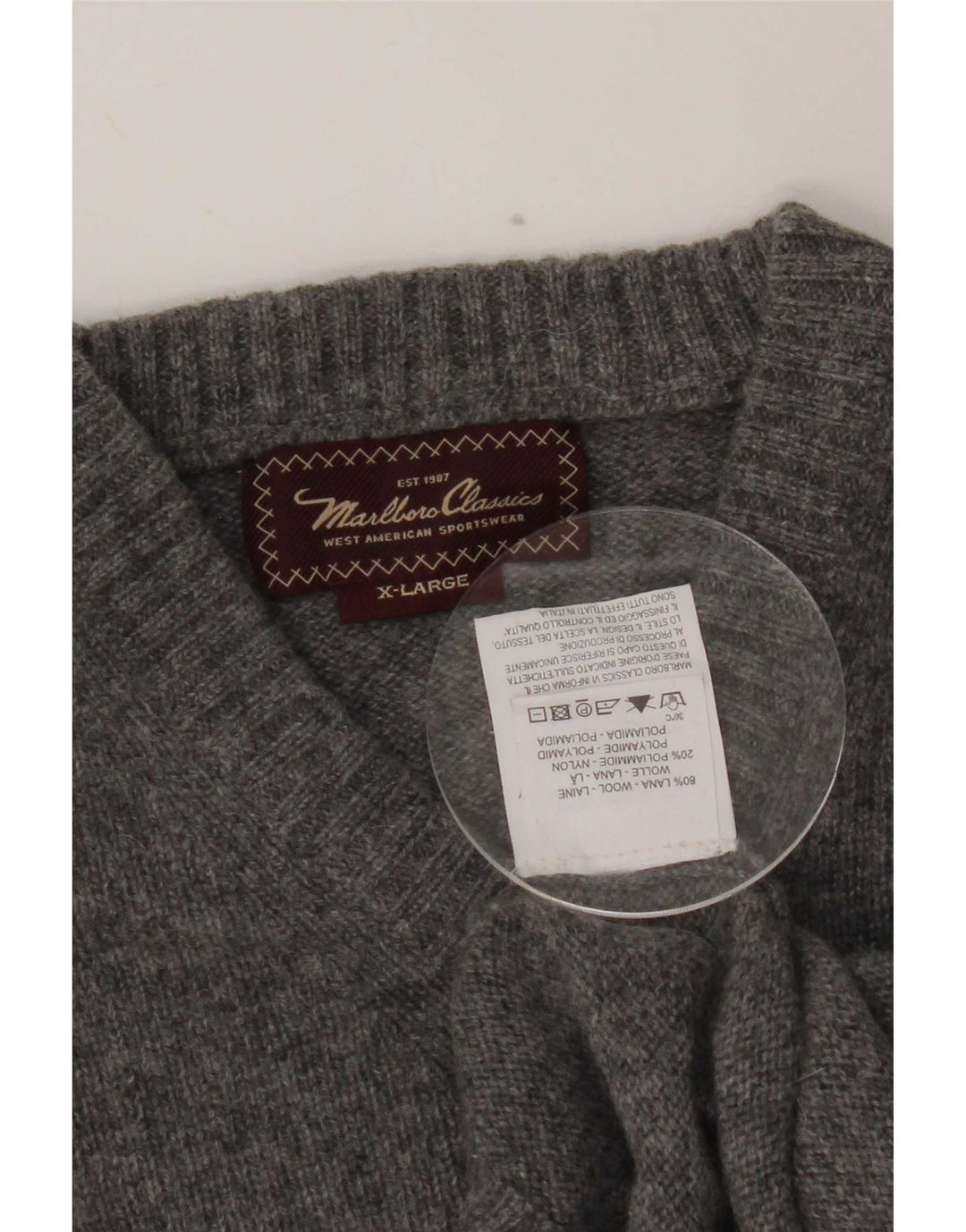 Marlboro Classics Damski sweter z dekoltem w kształcie litery V XL, szara wełna