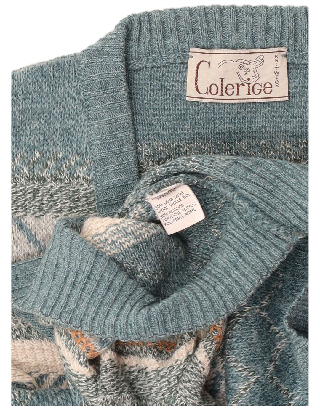 Męski sweter w stylu vintage z dekoltem w szpic, duży, niebieski, wełna Fair Isle
