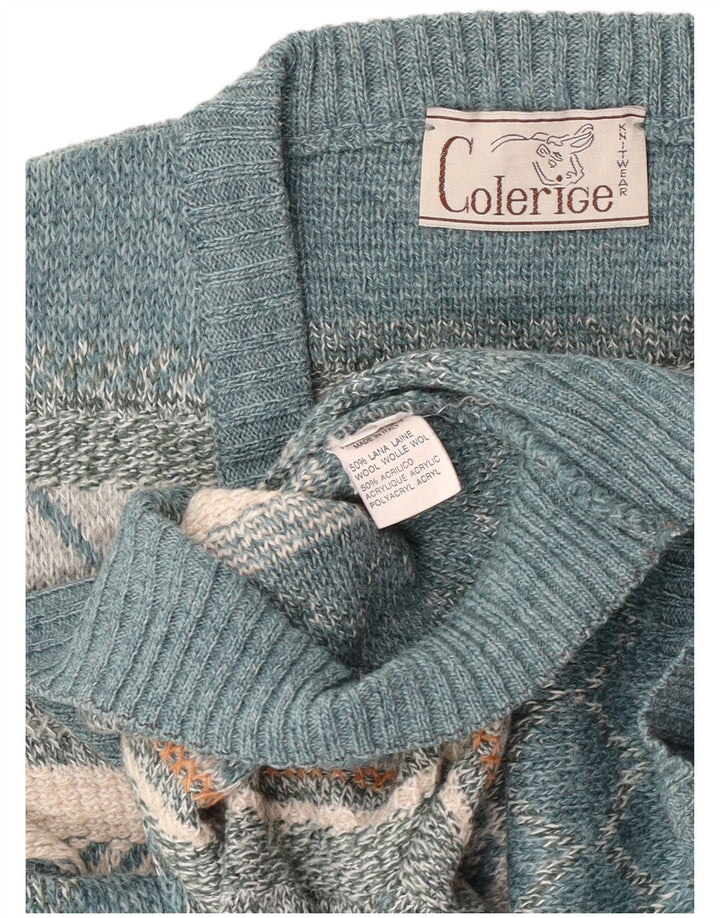 Męski sweter w stylu vintage z dekoltem w szpic, duży, niebieski, wełna Fair Isle